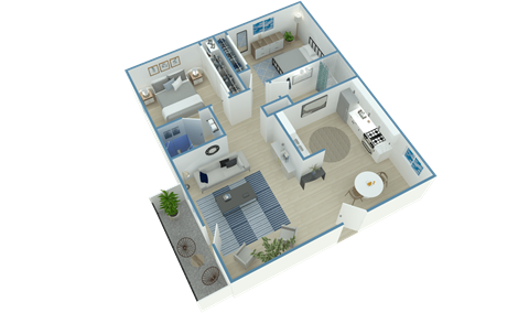 A 3D rendered image of a house layout.